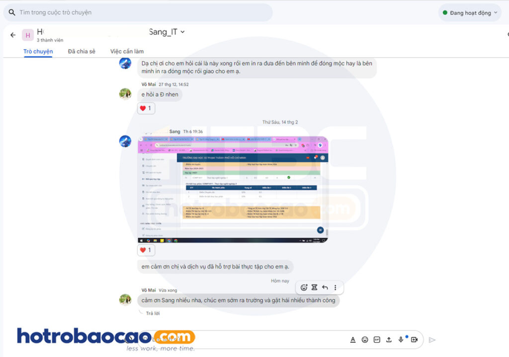 Khách hàng feedback hotrobaocao dichvuthuctap