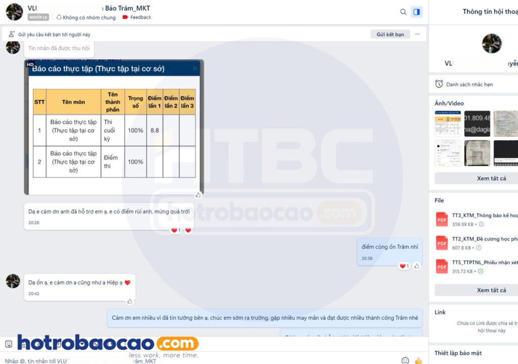 Khách hàng feedback hotrobaocao dichvuthuctap