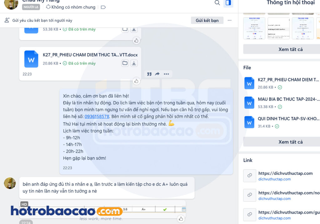 Khách hàng feedback hotrobaocao dichvuthuctap