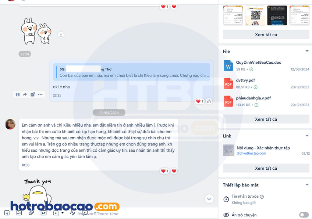 Khách hàng feedback hotrobaocao dichvuthuctap