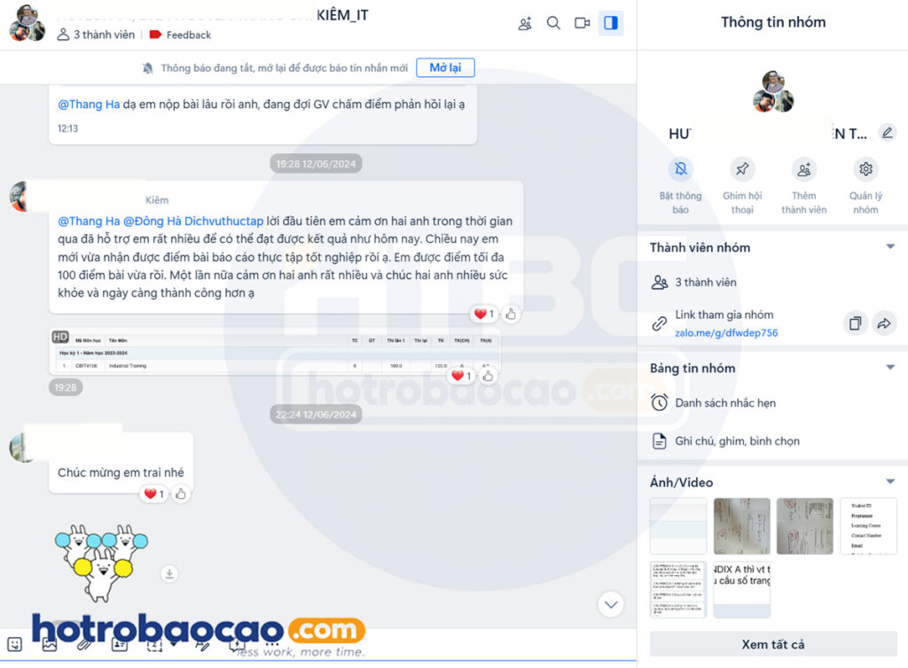 Khách hàng feedback hotrobaocao dichvuthuctap