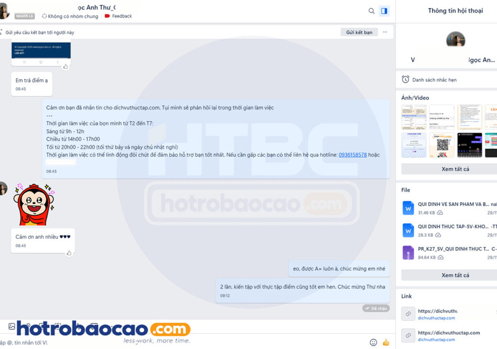 Khách hàng feedback hotrobaocao dichvuthuctap